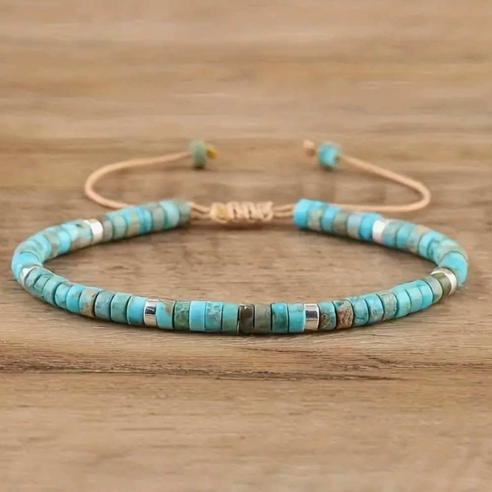 Natural Turquoise Beaded Adjustable Bracelet - Picture 3 of 6